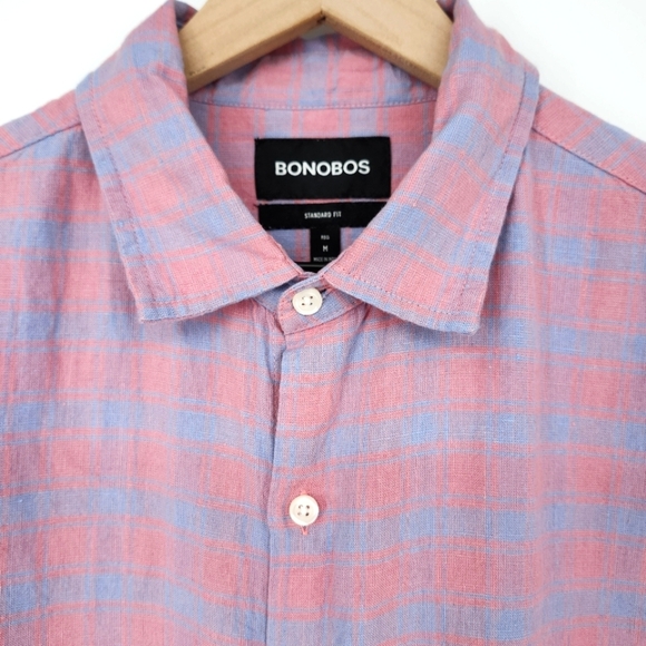 Bonobos Mens Button Down Shirt Size M Pink Blue Plaid Linen Blend Standard Fit - Picture 1 of 8
